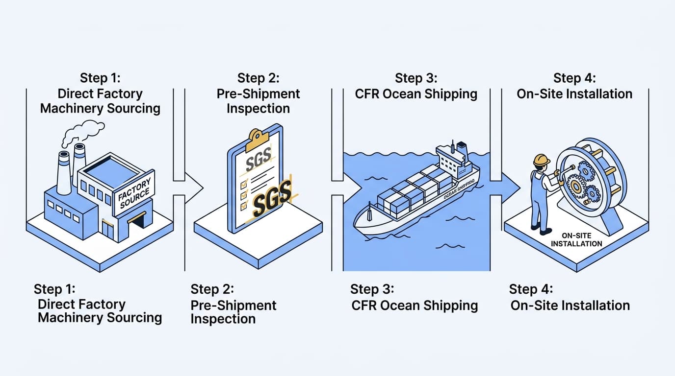 4-step process visual: Direct Factory Sourcing, Pre-Shipment Inspection, CFR Ocean Shipping, On-Site Installation