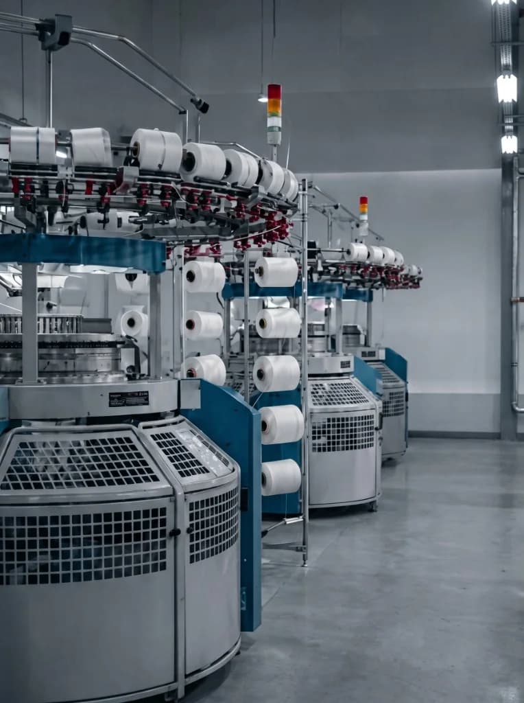 Industrial circular knitting machines operating in factory