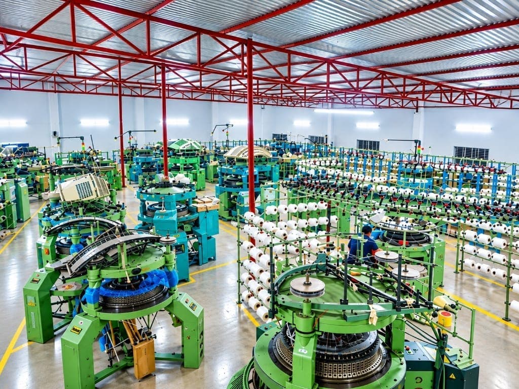 Modern industrial circular knitting factory floor with active machines, yarn creels, and technicians