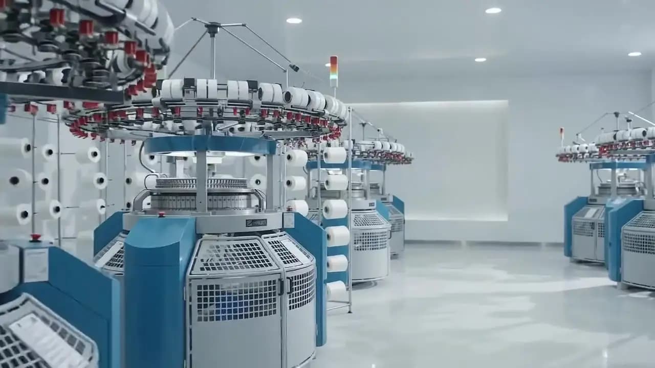 Circular knitting machines arranged on a textile factory floor